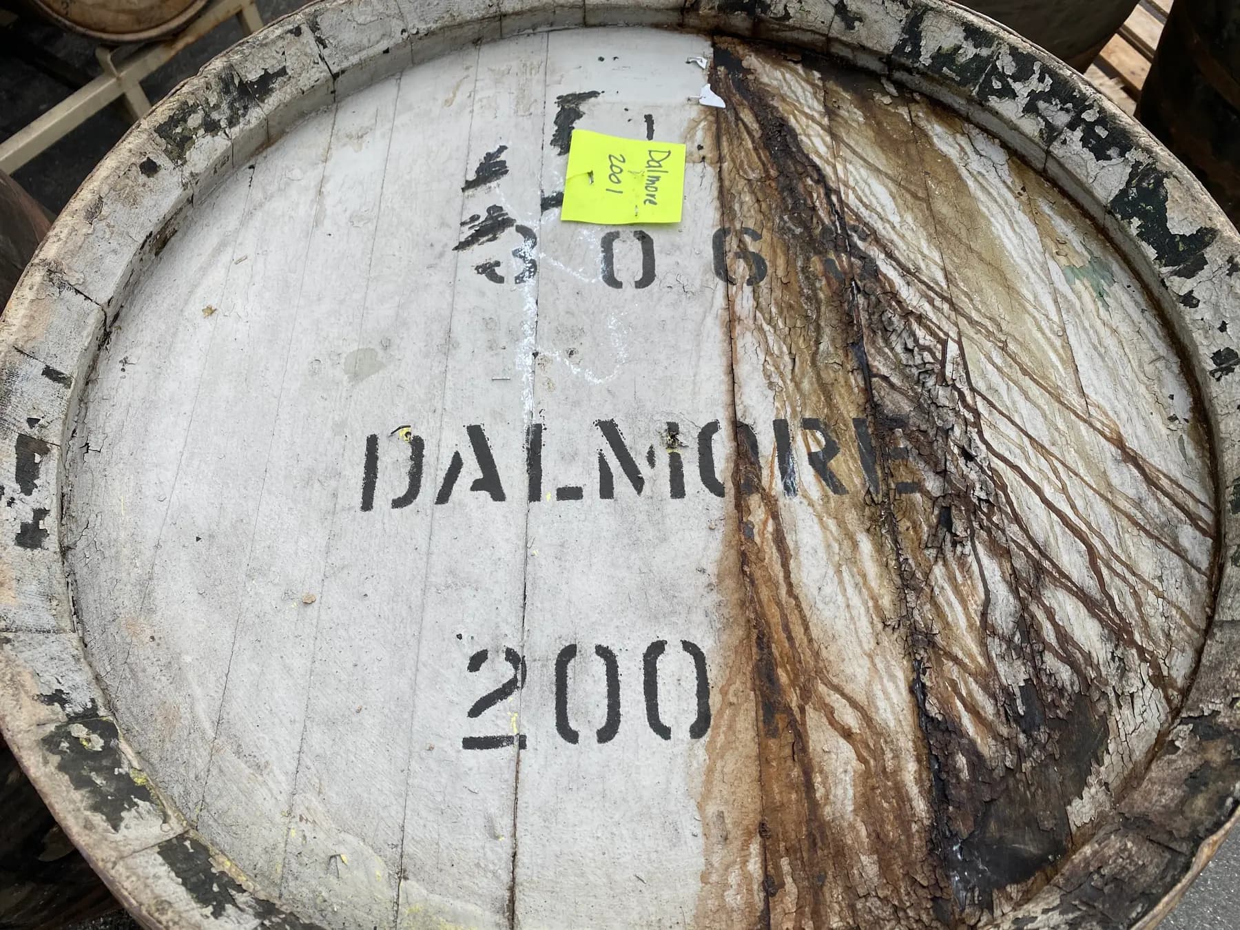 The end of a Dalmore cask filled in 2001, stencilled with the distillery name